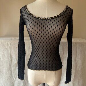 Vintage Betsey Johnson Swiss Dot Gold Metalic Edging Top
